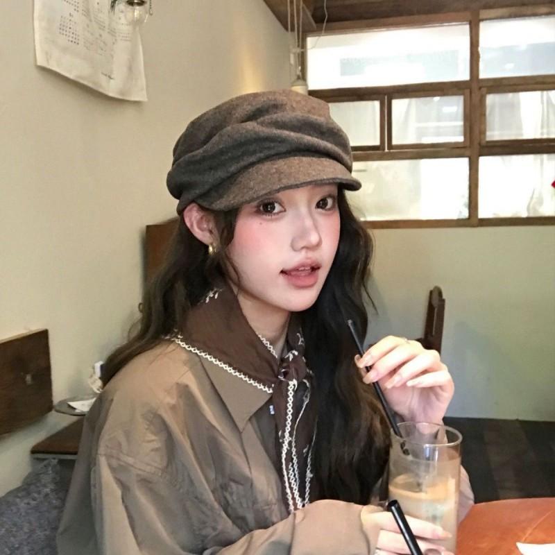Womens Japanese Retro Flat Top Folded Newsboy Cap Winter Round Brim Hat