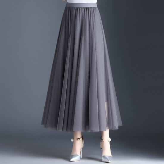 Women Midi Skirt Elastic High Waist Long Skirt with Solid Mesh Hem Solid Color A-Line Skirt Daily Wear