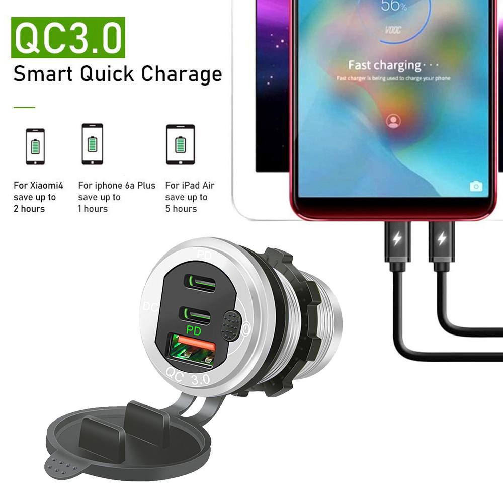 Три порта быстрой зарядки Dual PD & QC 3.0 115 Вт алюминиевая автомобильная зарядная розетка для 12 В 24 В мотоцикла лодки морского грузовика квадроцикла