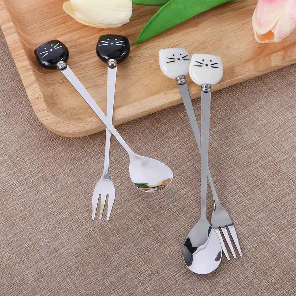 Кремовый Мультяшный Столовый Прибор из Нержавеющей Стали Чайные Ложки Инструмент для Перемешивания Кофейная Мешалка Кошачья Десертная Ложка