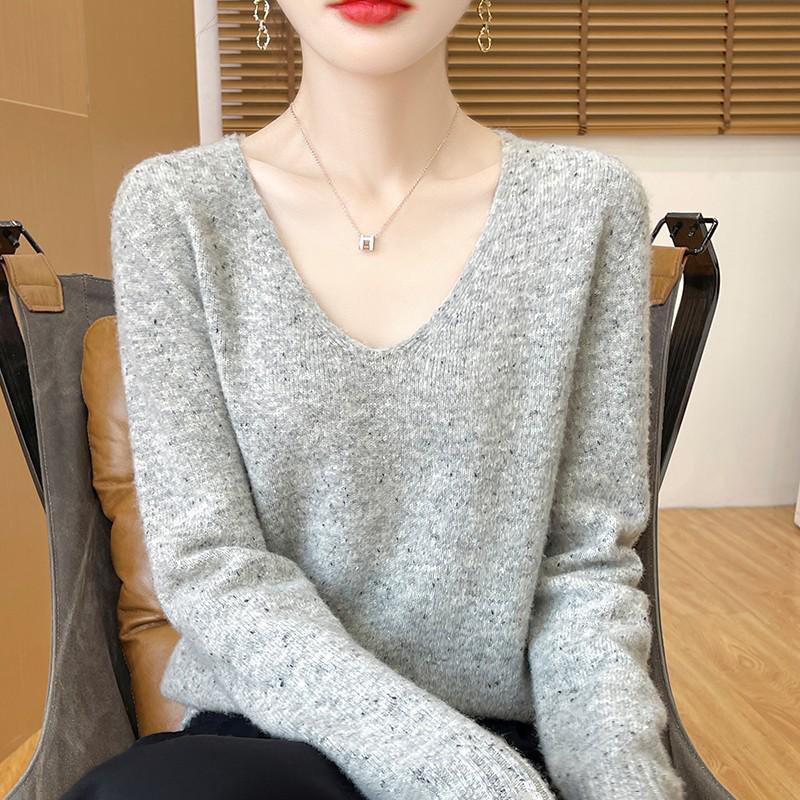 Женский свитер из 100% шерсти с V-образным вырезом, облегающего кроя - Пуловер крупной вязки для осени/зимы