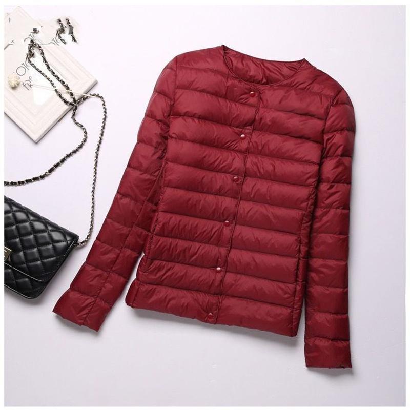 Белый утиный пух, легкий тонкий пуховик, женский круглый вырез, короткая секция, без воротника, осенне-зимняя теплая куртка большого размера с внутренней стороны