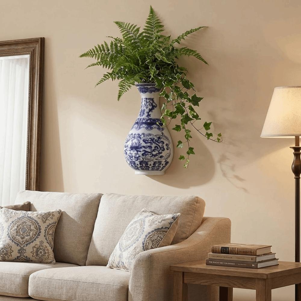 Antique Blue White Porcelain Wall Hanging Ceramic Vase Wall Hanging Vase  Living Room Decor