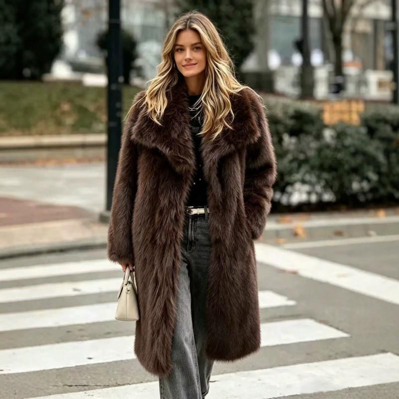 Faux Fur Collar Long Coat Women Fashion Fox Outerwear Street Style