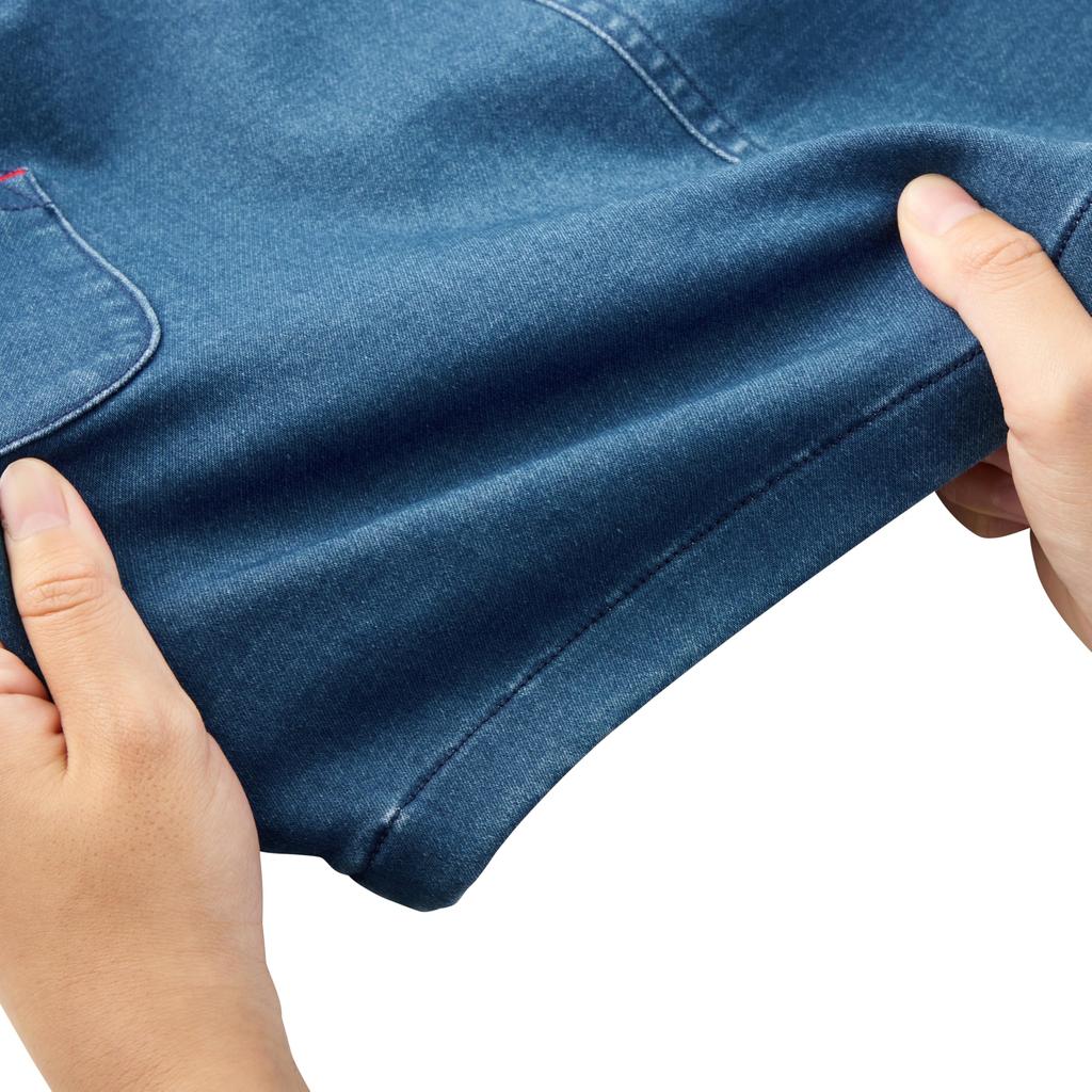 MIKI HOUSE Stretch Knit Denim Jumper Skirt with Solid for Baby Size S Indigo Web Exclusive Logo, Denim, Girls, & Kids, (70-80cm), Blue, 10-1830-142,