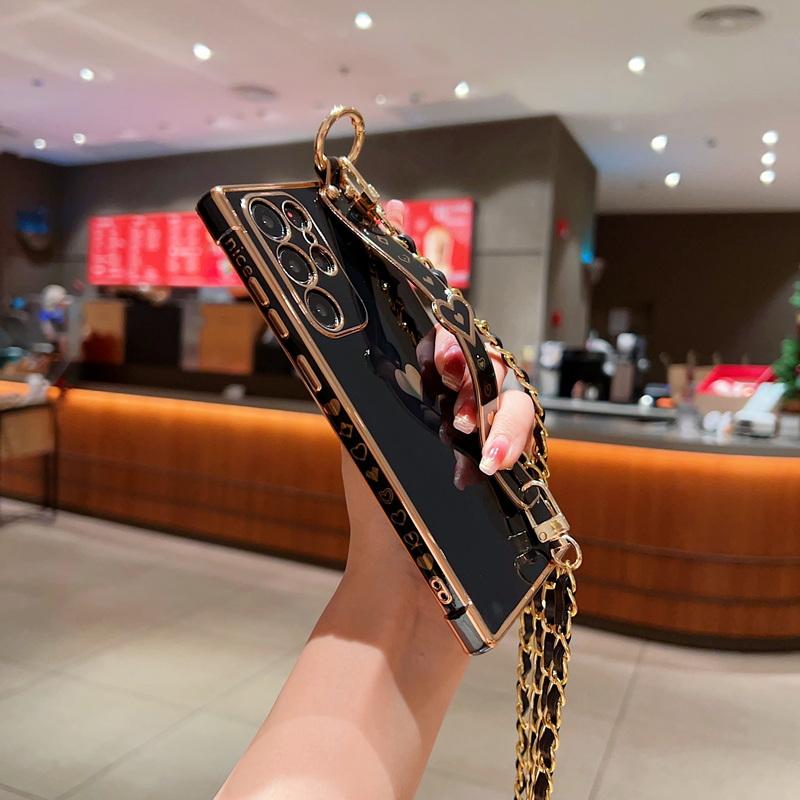 Чехол для Samsung Galaxy S23 S22 S21 Ultra S20 S21FE A14 A54 A13 A53 A23 A52, гальваническая цепочка через плечо, ремешок Love, силиконовый мягкий чехол