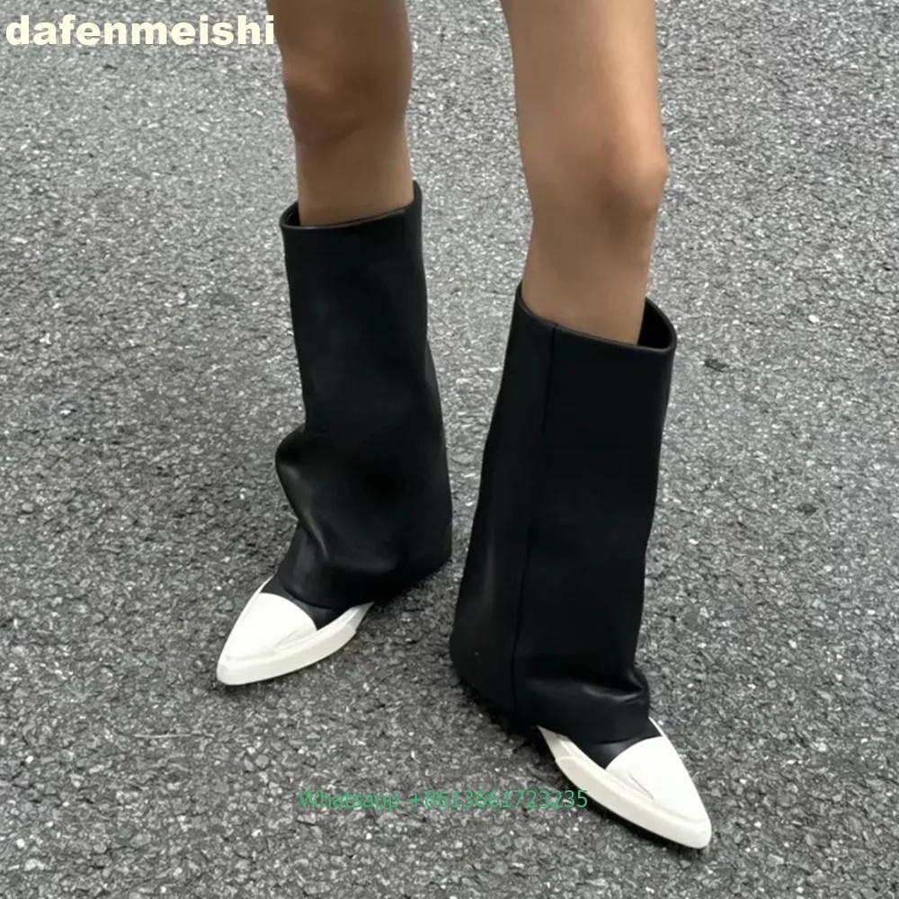 Черные кожаные балетки с острым носком 2025 Новые осенне-зимние сапоги до колена с отворотом, слипоны, сапоги до середины икры