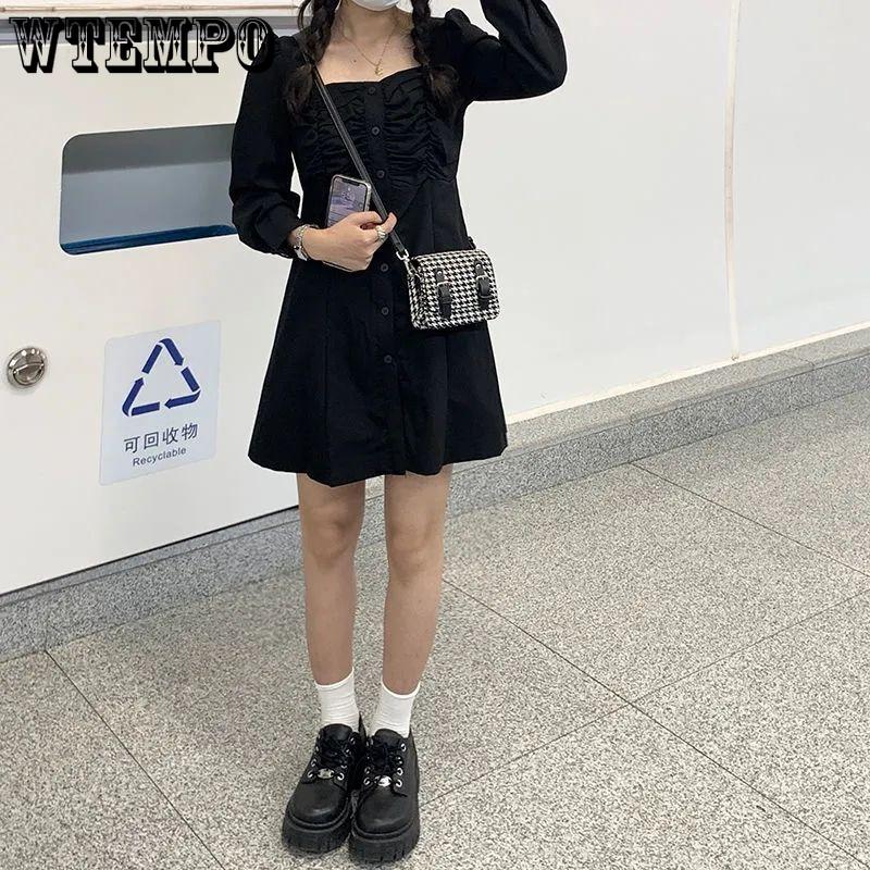 Женский темперамент ретро платье с квадратным воротником плиссированное однобортное корейское платье-костюм А-силуэта с длинными рукавами