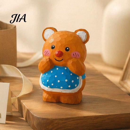 Cute Animal Gift for Friends Hand-Carved Basswood Bear Ornament, Apron Wood Decorative Figurine, Hand Painted Home Decor Statue Desktop Shelf
