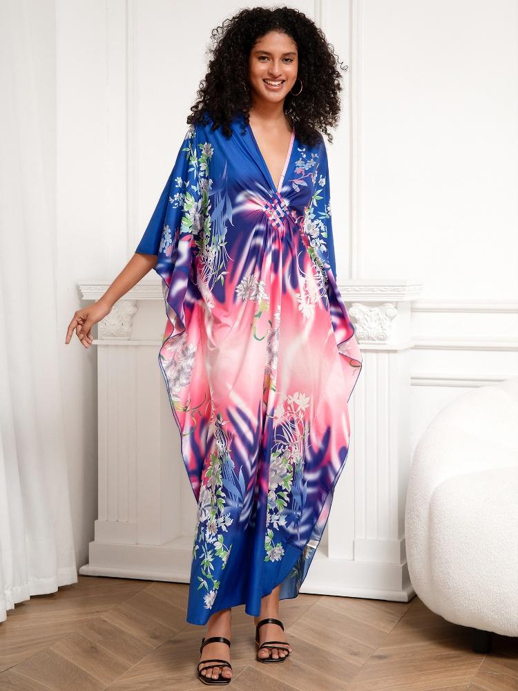 EDOLYNSA Classy Oversized Blue Bohemian Women's Kaftan Robe Holiday Party Dress Light jacket Swimsuit cover-up Lounge wear Q1289
