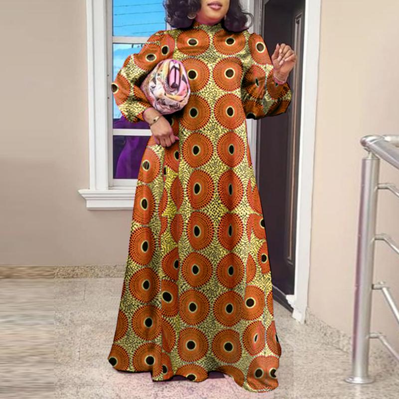 Женское повседневное свободное платье больших размеров с воротником-стойкой и длинными рукавами с принтом