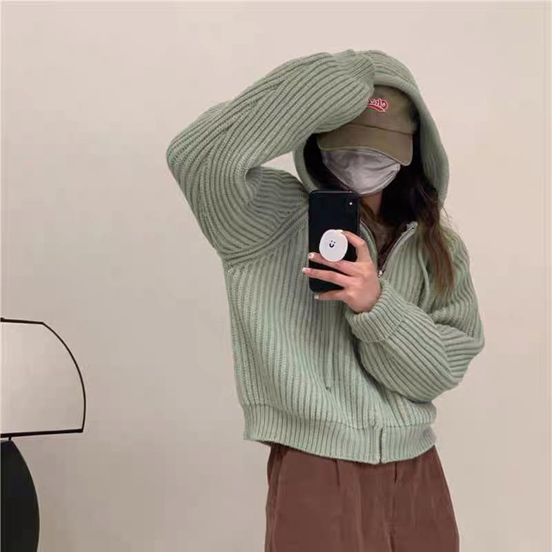 Осень Зима Женский Вязаный Свитер на Молнии с Капюшоном Новый Свободный Кардиган с Длинным Рукавом Куртки Короткие Пальто Милый Повседневный Элегантный Однотонный Одежда