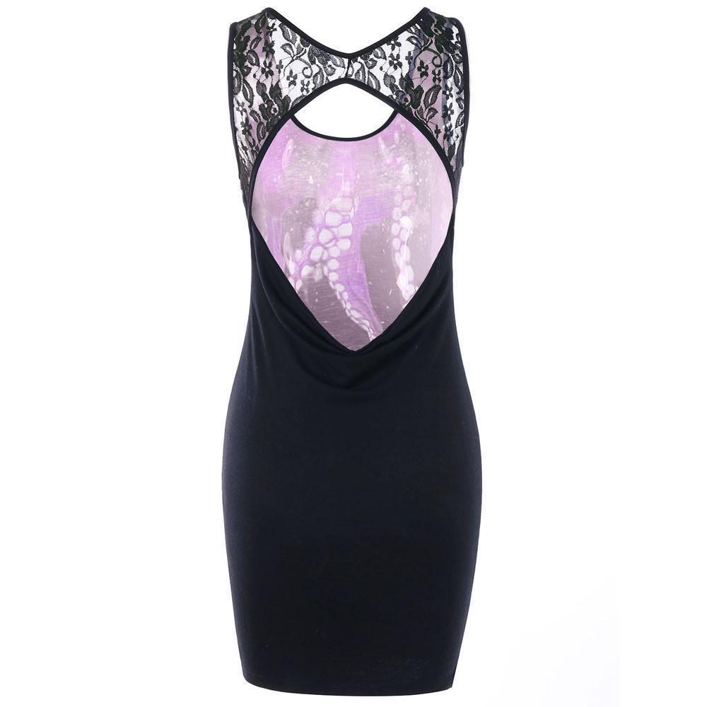 Women Summer Delicate Sleeveless Cut Out Octopus Print Mini Dress With Lace Stitching