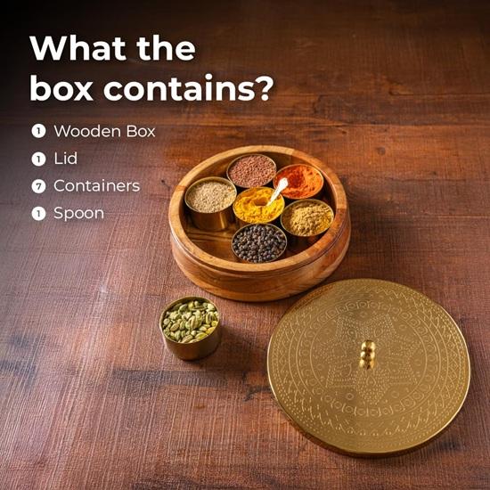 24.5 Cm Spice Box for Kitchen with Spoon 7 Detachable Containers, Acacia Wood 120 ML Storage Container Masala Dani for Gift