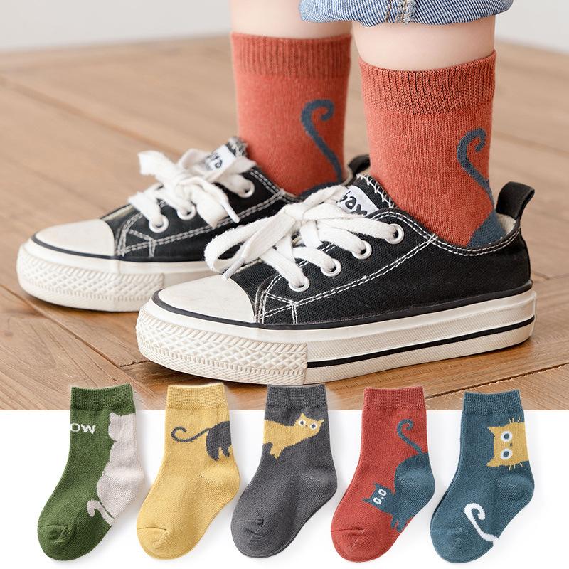 5 Pairs Kids Socks Cartoon Cat Pattern Comfortable Breathable Children Socks For Boys And Girls