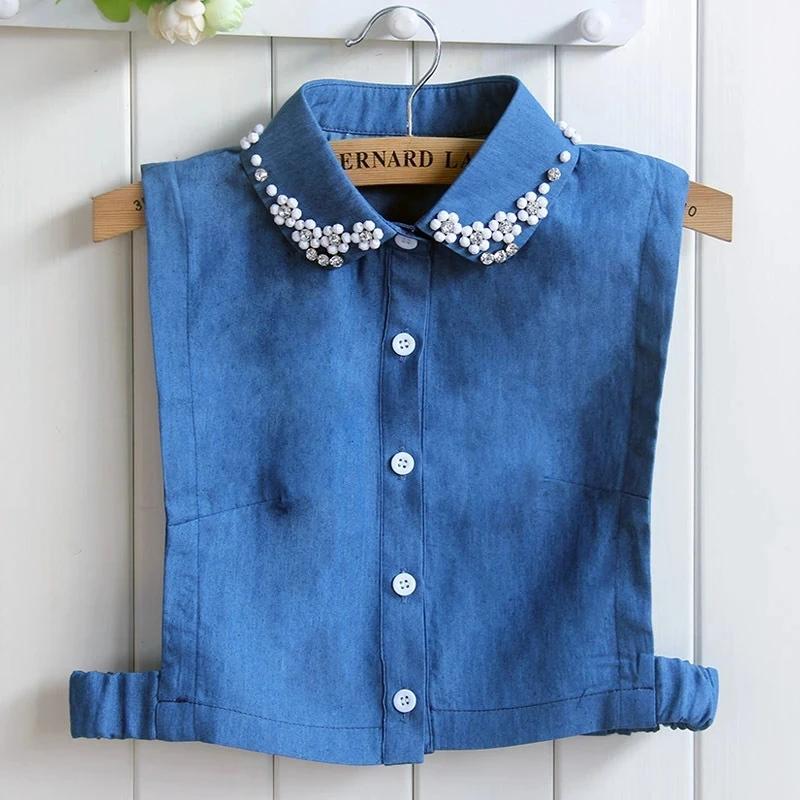 Fashion Denim Blue Women Fake Collar Shirt Detachable Collar Female False Collar Solid Shirt Lapel Blouse Top Men Women