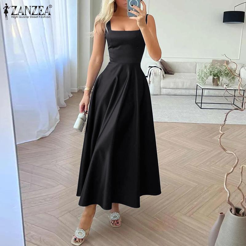 ZANZEA Женское летнее длинное платье трапециевидной формы без рукавов с квадратным вырезом
