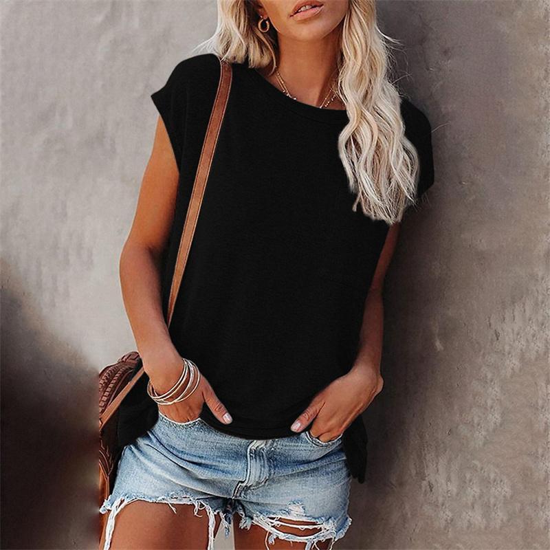 Летний женский топ, однотонная футболка с круглым вырезом и открытыми плечами, карманами и короткими рукавами