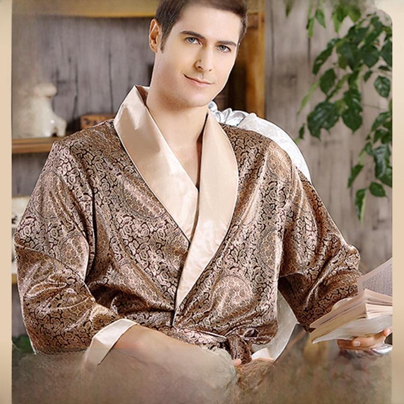 Men's Plus Size Long-Sleeve Silk-Like Summer Robe and Pajamas