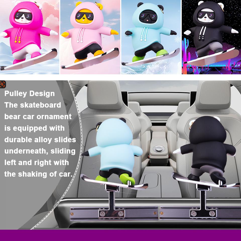 Skateboarding Bear Car Dashboard Ornament 6cm X 6cm - Funny Sliding Decoration for Car Interior, Rose Pink Silicone Skater Bear Figurine