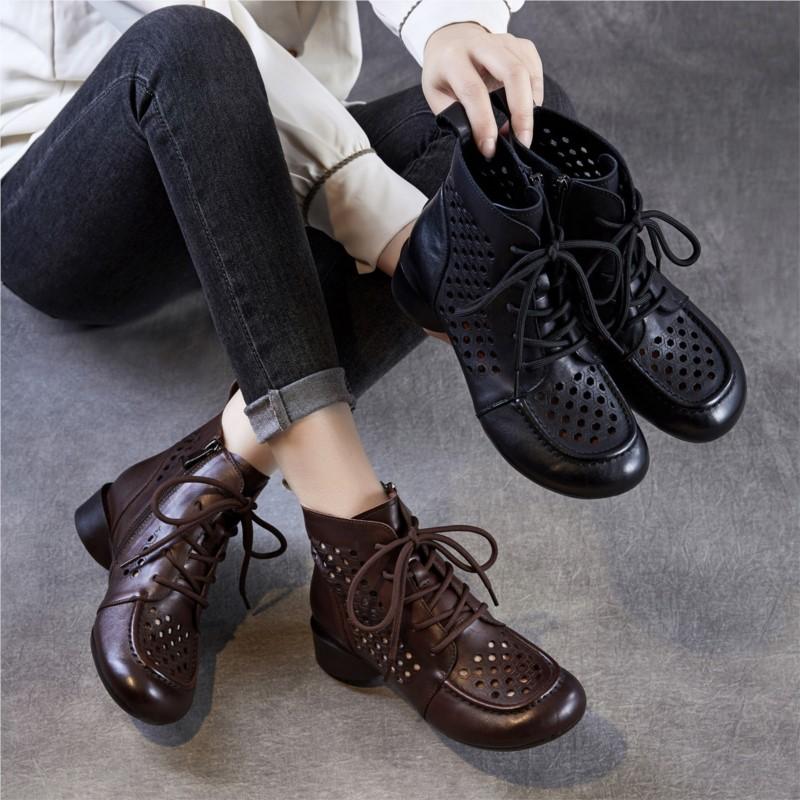 Johnature Женские ботинки из натуральной кожи в ретро-стиле на толстом каблуке с вырезами, низкий каблук, дышащие