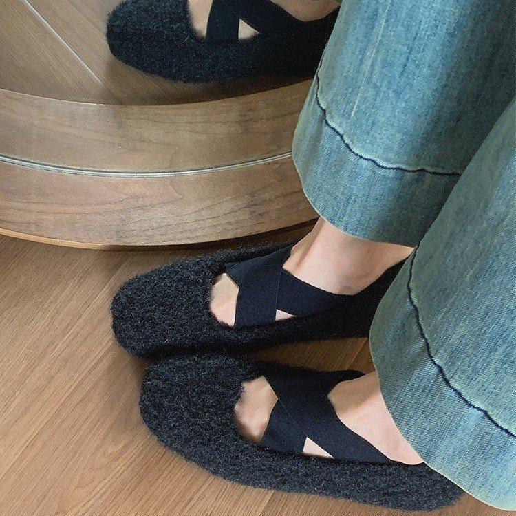 French retro plush Mary Jane cotton shoes cross-strap heightening beanie shoes outer wear