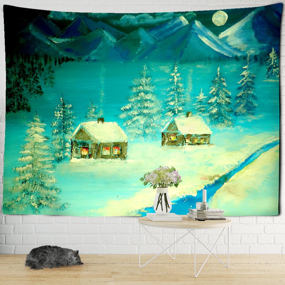 Рождественская снежная ночь, карта путешествий, гобелен, настенный психоделический лесной дом, иллюстрация, домашний декор для гостиной