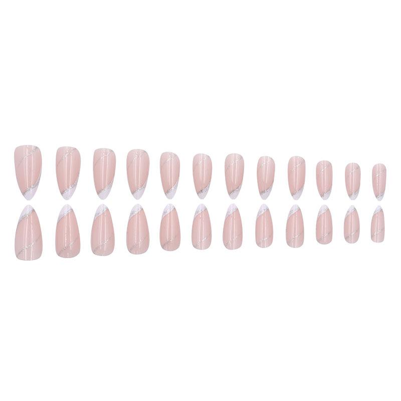 French Solid Color Almond Nails With White Glitter Lines, European And American Simple, Sweet And Generous 24 Pieces In Box