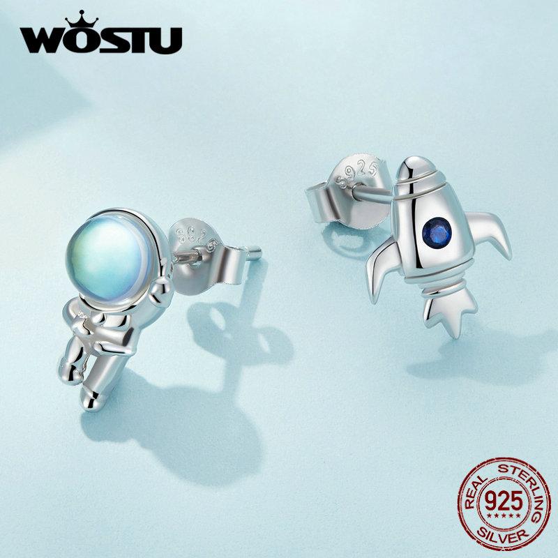 WOSTU стерлингового серебра 925 пробы, креативный космонавт, космический корабль, асимметричные открывающиеся кольца, радужные серьги-гвоздики для девочек, ювелирные изделия на день рождения, подарок