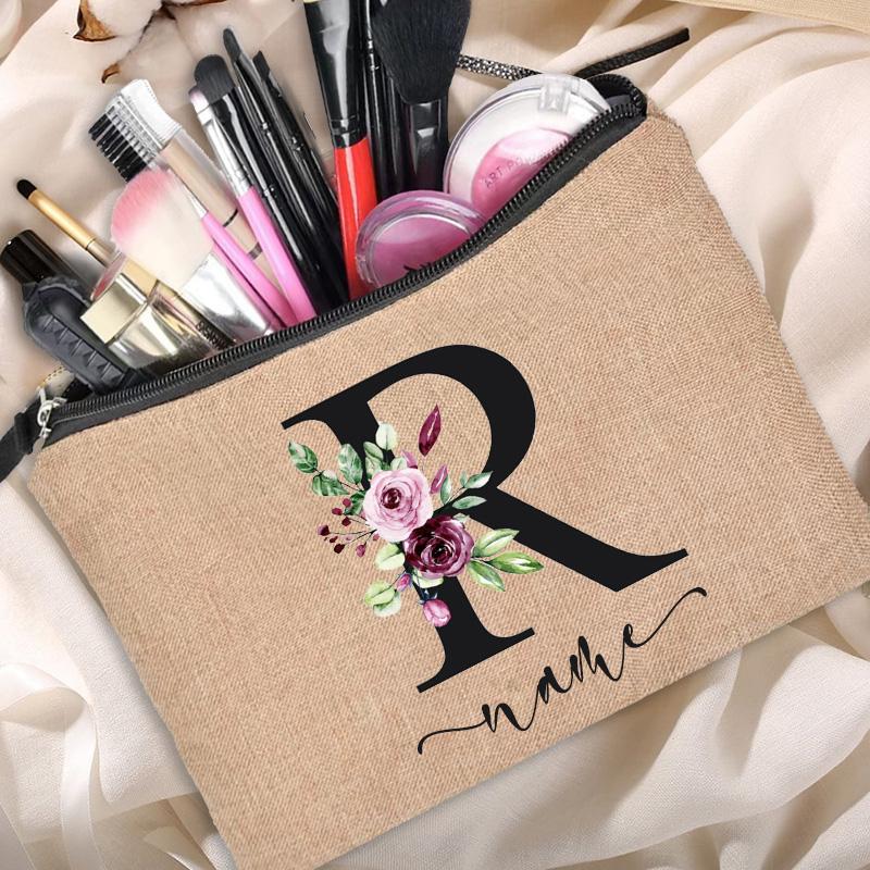 Linen Makeup Bag Customized Personalized Name Cosmetic Bag Bridesmaid Clutch Outdoor Travel Beauty  Bachelor Party Lipstick Bag