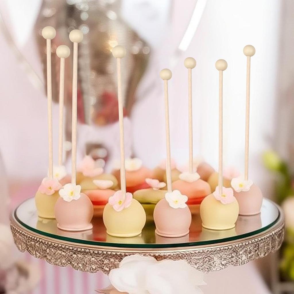 50 Pack Wooden Rock Candy Sticks with Ball Tips- 6 Inch Natural Wood Cake Pop & Drink Stirrer Sticks, Wood Swizzles Sticks for Chocolate Dipping &