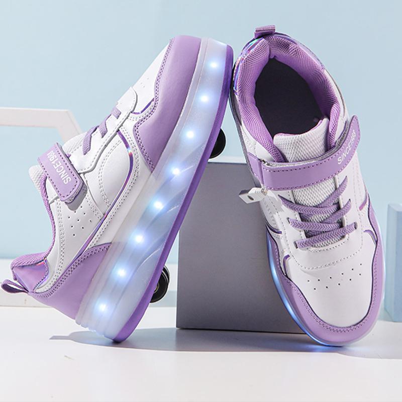 Детская спортивная обувь с подсветкой, натирающая обувь, однотонная волшебная нашивка с зарядкой, двухрядная четырехколесная скользящая обувь