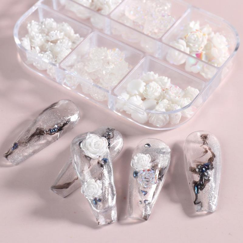 White Aurora Camellia Nail Art Jewelry Acrylic Resin Flowers Design Elegant Wedding Charms Accessories Rhinestone Decor