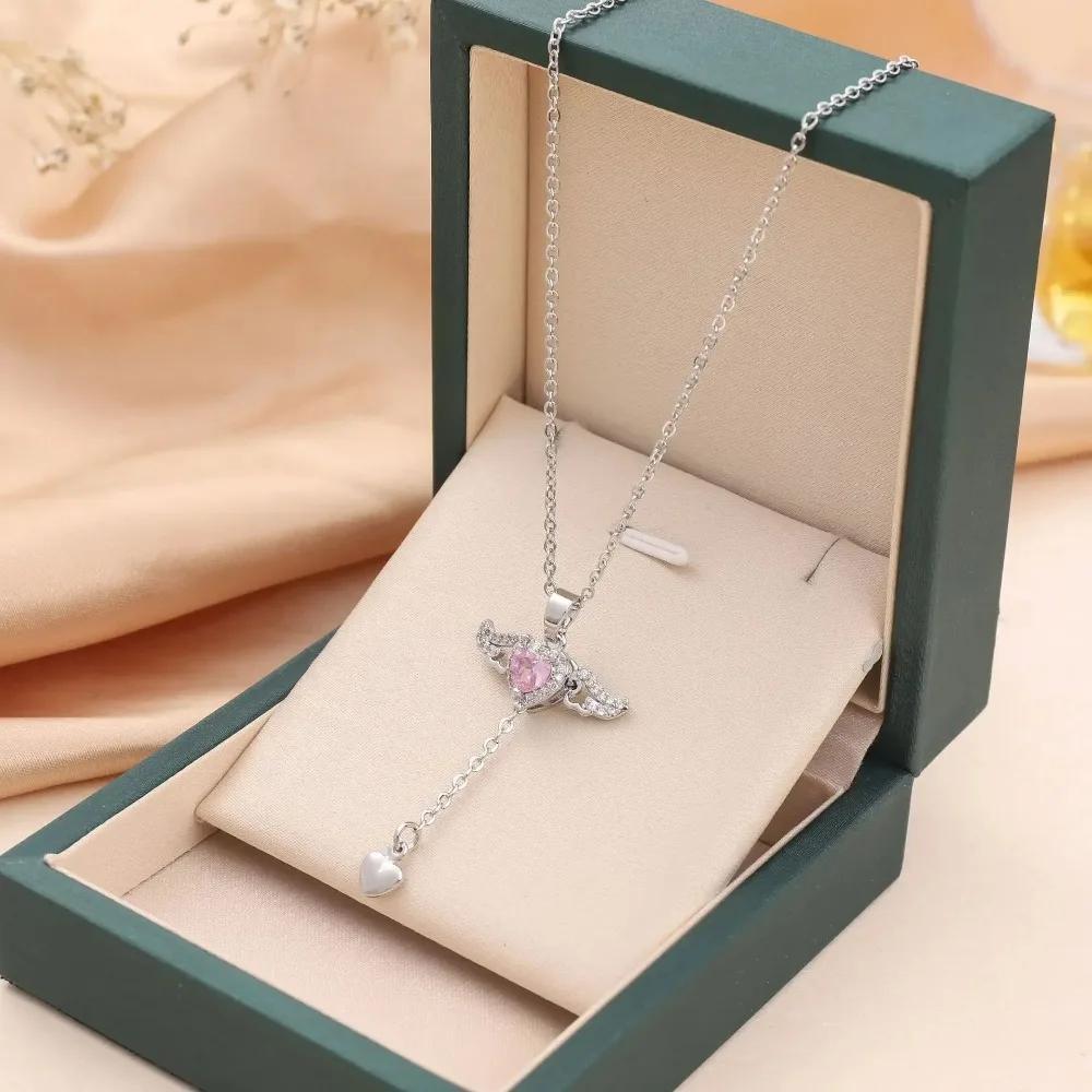 Trendy Cupid Angel Wings Heart Pendant Necklace for Women Pink Crystal Zircon Choker Stainless steel Jewelry