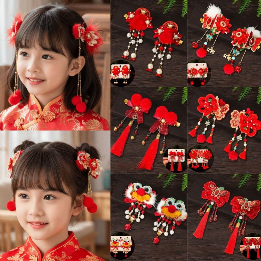1 Pair Flower Hanfu Red Hair Clips Pearl Bow Tassel Hairpin New Year Headwear  Children