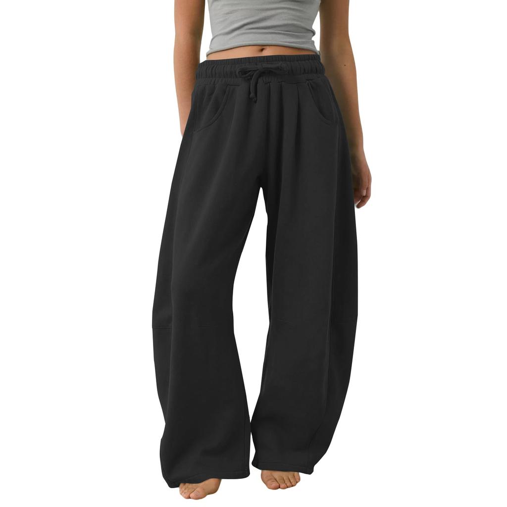 Women's Barrel Leg Sweatpant Drawstring Elastic Waisted Wide Leg Pants Casual Cotton Palazzo Trousers With Pockets