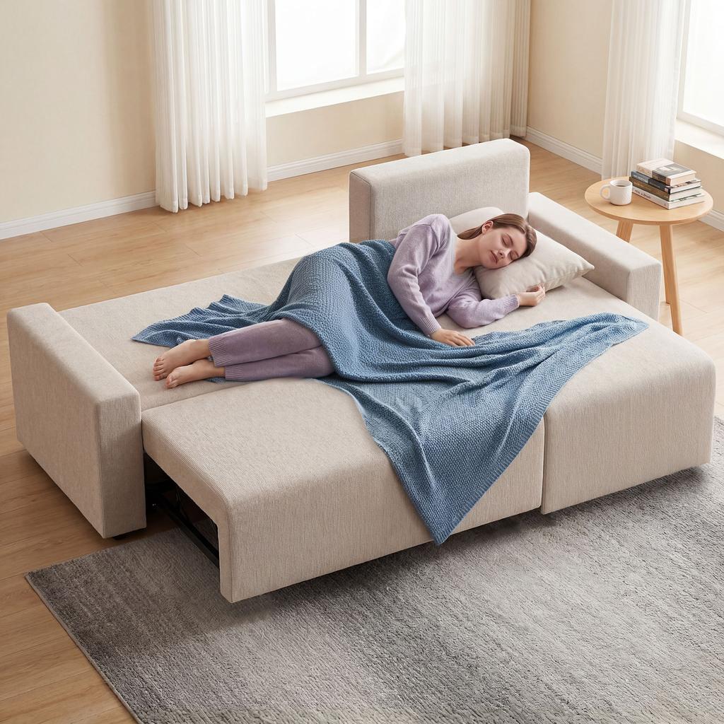 Corner Sofa with Sleep Function and Reversible Chaise Longue, L-Shaped 3-Seater Sofa with Velour Cover, Beige