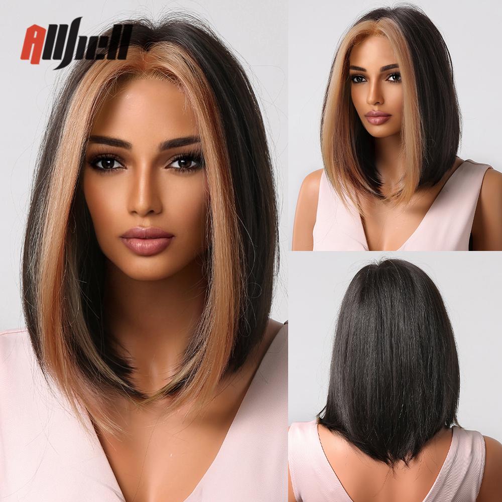 Synthetic Bob Hair Wig with Bangs Ombre Platinum Blonde Cosplay Wigs for Women Short Heat Resistant Female Daily Lolita Wavy Wig