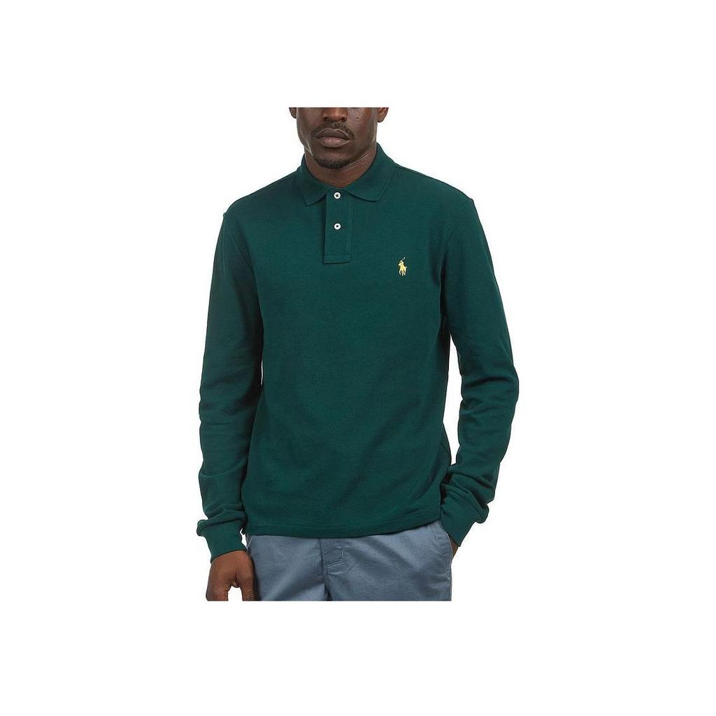 Polo Ralph Lauren Однотонная приталенная рубашка поло с квадратным воротником и длинным рукавом Мужской верх Зеленый 710681126-084
