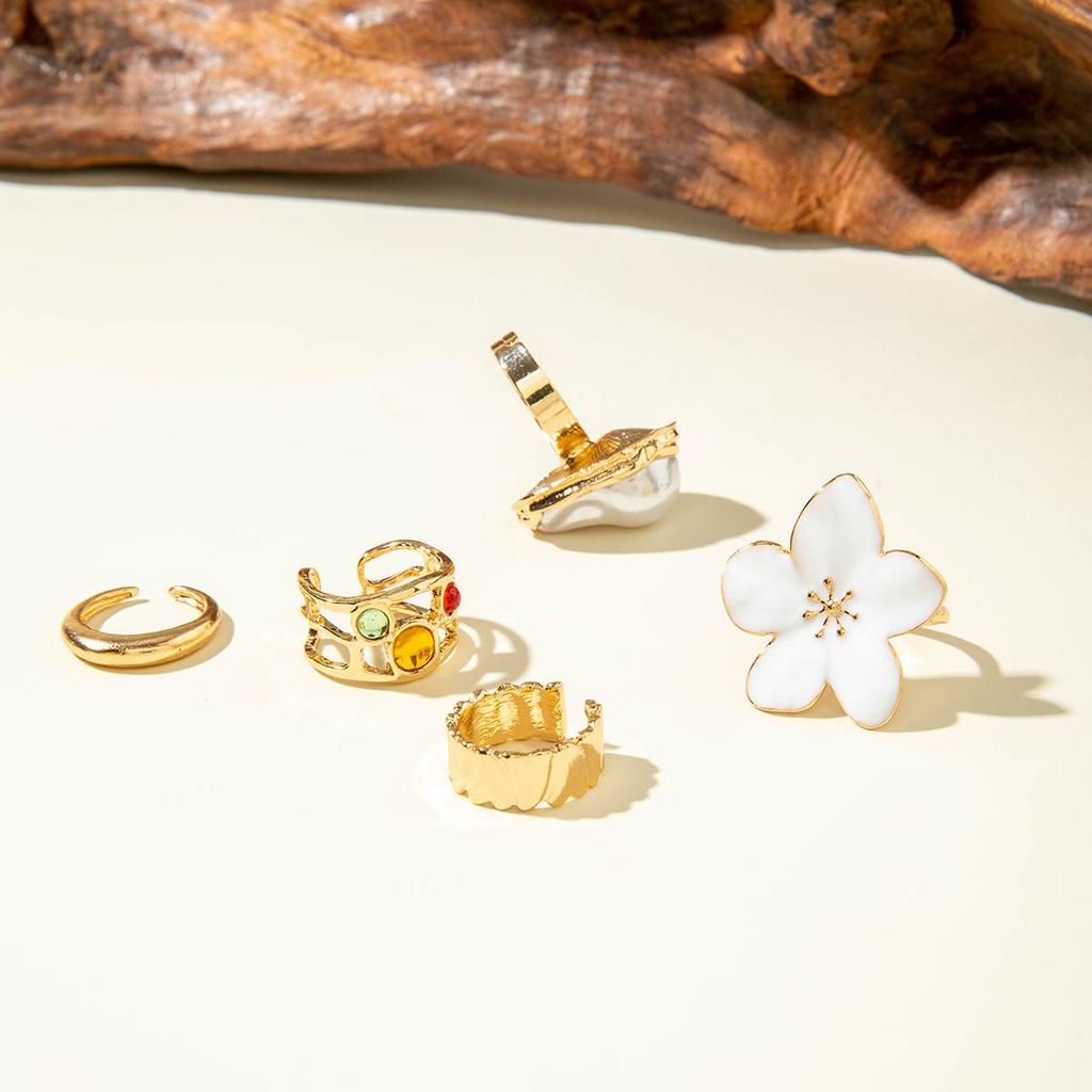 Vintage Elegant Baroque Pearl Combination Ring Set, Six Piece Metal Lava Flower Ring Set, Women's Jewelry