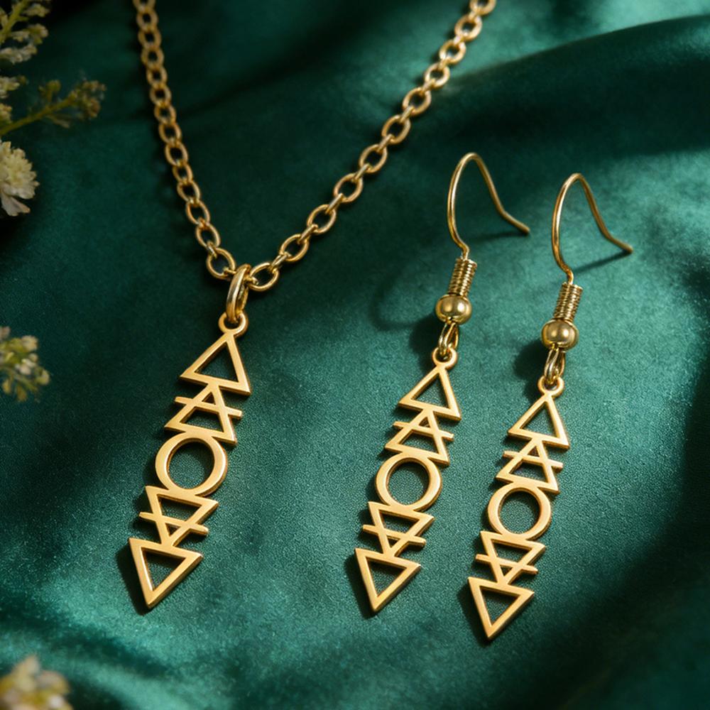 Dawapara Four Elements Necklace Earrings Jewelry Set Water Fire Air Earth Symbols Alchemical Pendant Stainless Steel Jewelry