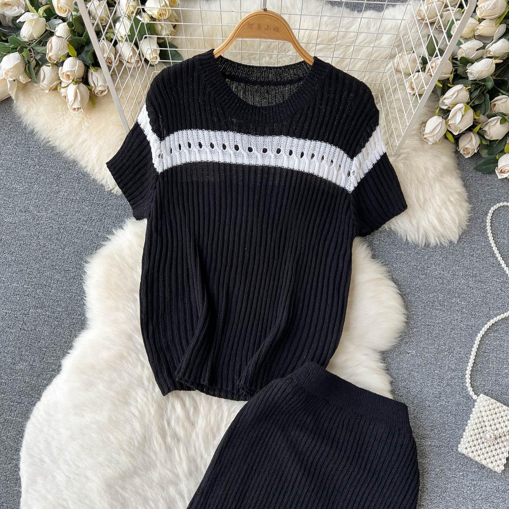 Пляжный вязаный свитер для отпуска, костюмы для женщин, с круглым вырезом и короткими рукавами, свободная футболка + длинная макси-юбка «рыбий хвост», повседневные шикарные комплекты из двух предметов