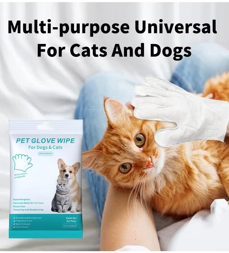 Factory Custom Logo 6pcs Premium Thick Plant Based Pet Grooming Glove Wipes Dogs Cats Hypoallergenic