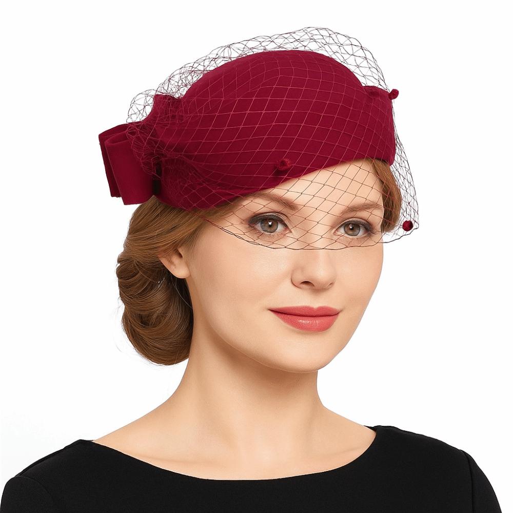 British Style Wool Bow Hat with Veil Solid Color Topper Hat Fashion Pillbox Hat Dinner