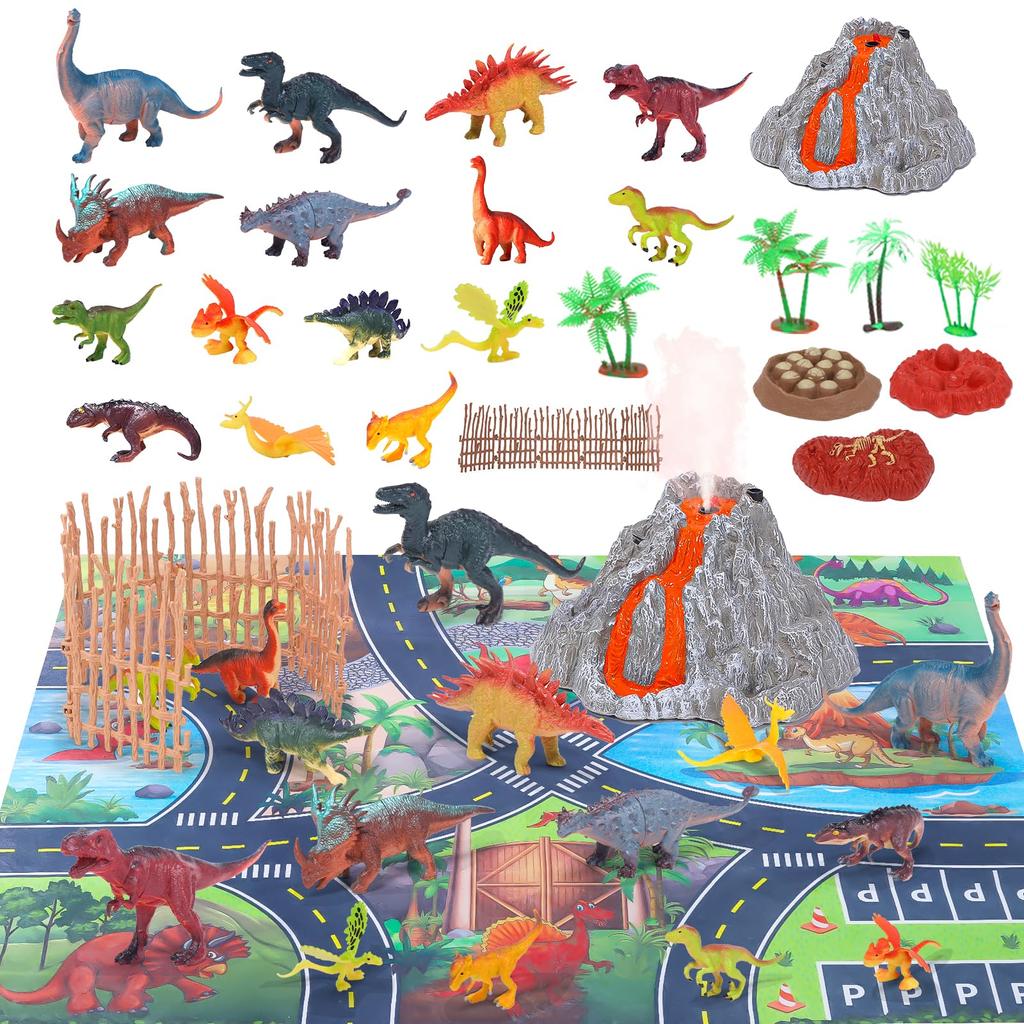 Dinosaur Figure Cute Stone Dinosaur Toy 31pcs Volcano Set with Spray Function Realistic Lights and Sound Effects Toy Large Map Storage Box Included