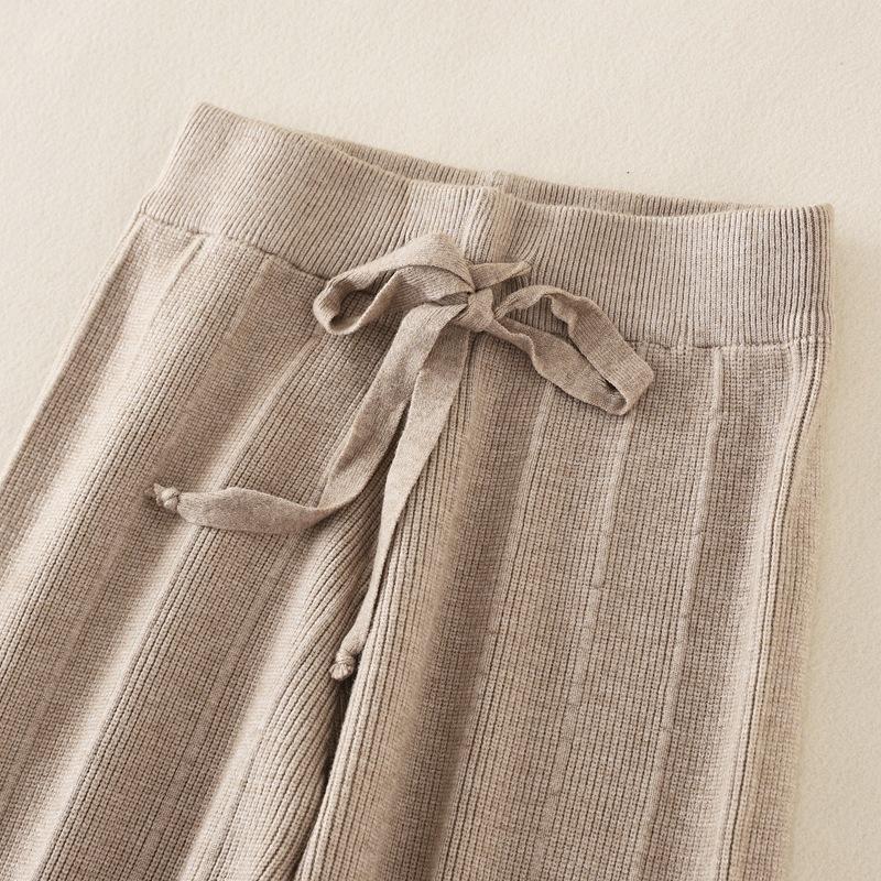 Женские осенне-зимние однотонные прямые вязаные брюки с высокой талией и драпировкой