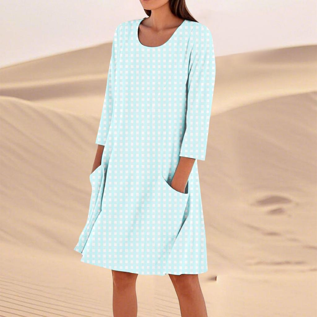 Женское однотонное модное свободное повседневное платье с рукавом три четверти Женское модное свободное повседневное платье с принтом в горошек и рукавом три четверти