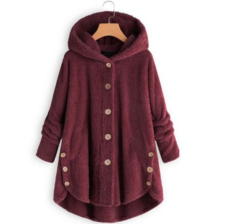 Women's Coat Button Plush Solid Color Hooded Jacket