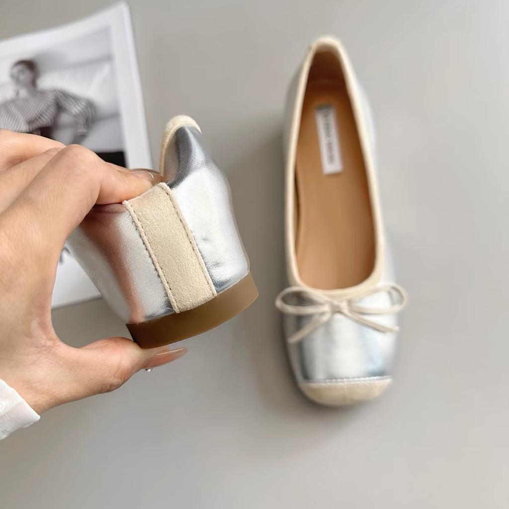 Внутреннее увеличение высоты на 5 см~ милый квадратный круглый носок маленький человек серебристый светлый рот бант балетки одинарная обувь