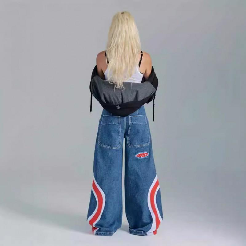 Womens High-Waisted Wide-Leg Denim Pants Streetwear Cropped Patchwork Contrast Color Loose Straight Fit